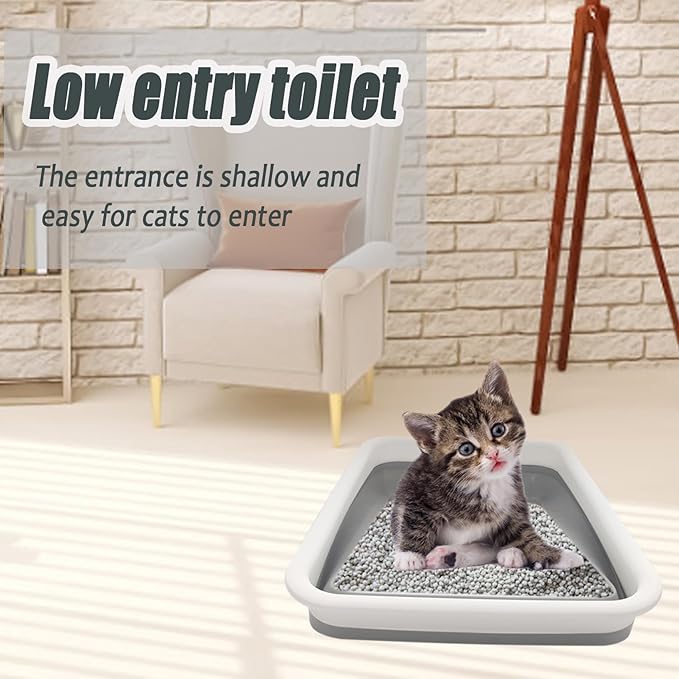 Collapsible Small Cat Litter Box, 14.6 x 10.6 x 4.8 inch Open Waterproof Low Entry Kitten Potty Pan Semi-Enclosed Pet Toilet for Sick Frail Kitty Grey-PawvioPets