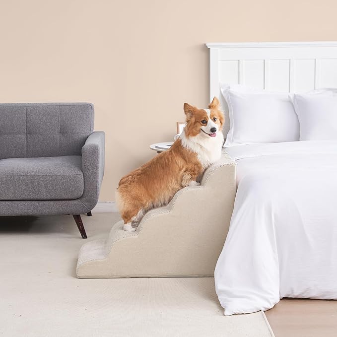 EHEYCIGA Curved Dog Stairs Ramp for High Beds, 5-Step Extra Wide Dog Steps for Small Dogs and Cats, Pet Stairs for High Bed Climbing, Non-Slip Balanced Pet Step Indoor, Beige-PawvioPets
