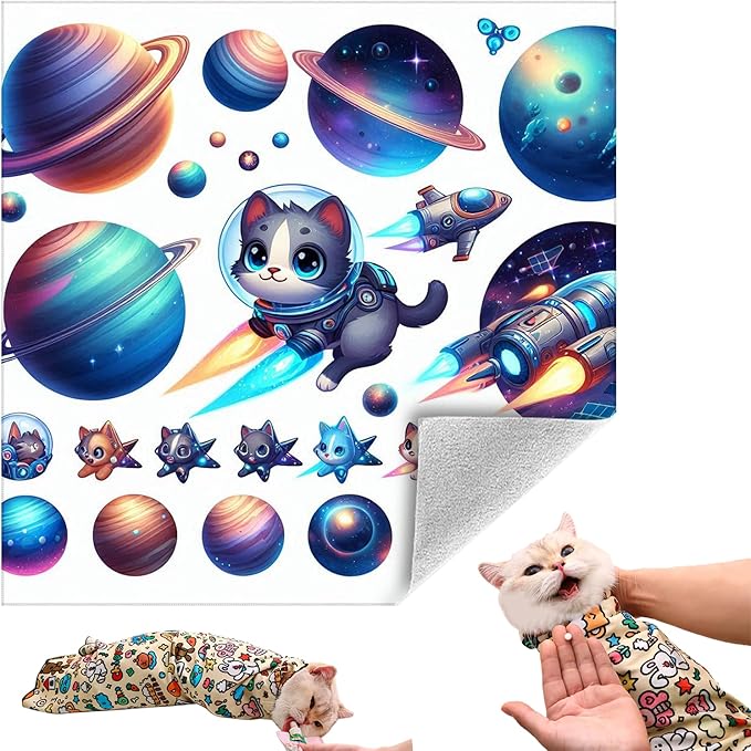 Cat Grooming Wrap, Self-Adherent Soft Cat Blanket to Wrap, Nail Clipping, Anti-Bite, Anti-Scratch, Anti-Escape Calming Wrap (Space, 3-6 lbs)-PawvioPets