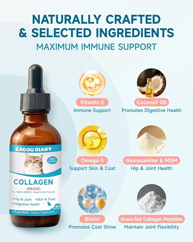 Collagen for Cats - Hip and Joint Supplement, Digestive & Immunity Support, Skin & Coat Health, Liquid Collagen for Cats with MSM, Glucosamine, Coconut Oil, Vitamin E, Roast Chicken Flavored, 60ml-PawvioPets