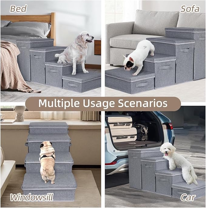 Dog Stairs with Storage, 4-Step Folding Pet Steps for Small Dogs and Cats, Pet Steps Storage with Zip, Pet Stairs for High Bed, Couch and Car Ramp (Gray, 4 Steps no Condo)-PawvioPets