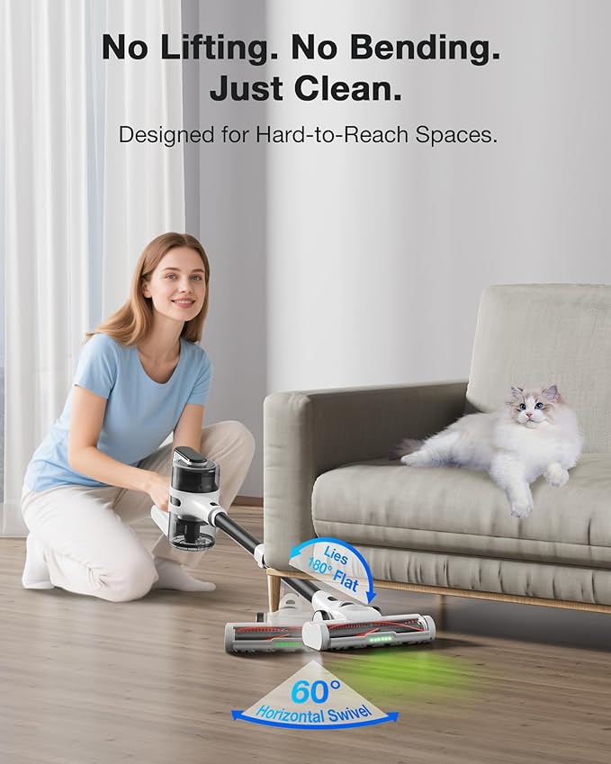 Cordless Stick Vacuum Cleaner for Home, Lightweight Rechargeable Vacuum with 55min Runtime, Powerful Suction, Green LED Headlight, 9-in-1 Pet Hair Carpet & Hardwood Floor Cleaner-PawvioPets