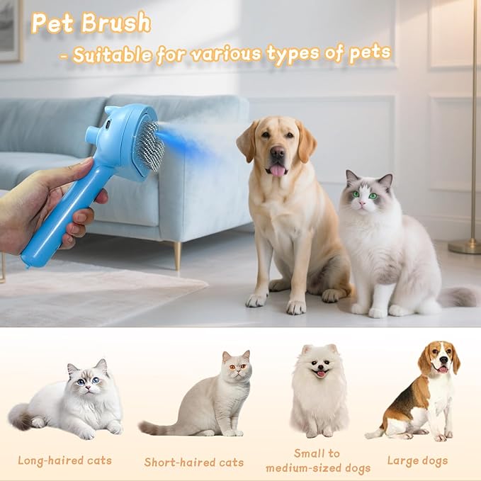 5-in-1 Pet Steam Brush for Cats & Dogs – Grooming, Shedding, Massage & One-Touch Clean for Short & Long Hair Pets – Electric Cat Brush with Comb & Steam (Blue)-PawvioPets