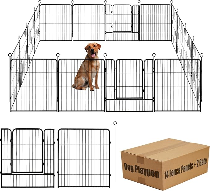 Dog Playpen,24 32 40 48 in(H) Pet Fence Outdoor for Rv Camping,Garden Fence Medium Animal Barrie for Yard,11Ft(L)-56Ft(L) Black Metal Temporary Fencing-PawvioPets