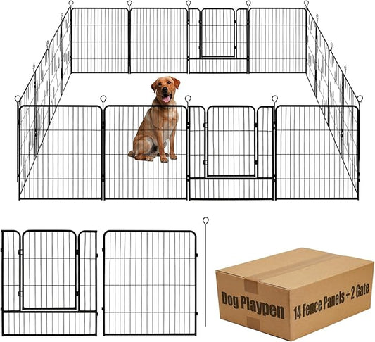 Dog Playpen,24 32 40 48 in(H) Pet Fence Outdoor for Rv Camping,Garden Fence Medium Animal Barrie for Yard,11Ft(L)-56Ft(L) Black Metal Temporary Fencing-PawvioPets
