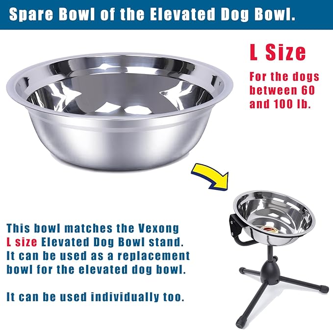 2 Pack, L Size Bowls, Matches Vexong L Size Elevated Dog Bowl Stand, for Dogs Between 60 and 100 lb, Stainless Steel Dog Bowl, Capacity 0.8 Gal / 12.5 Cup / 106 Oz / 3 Liter, Rustproof, Durable,-PawvioPets
