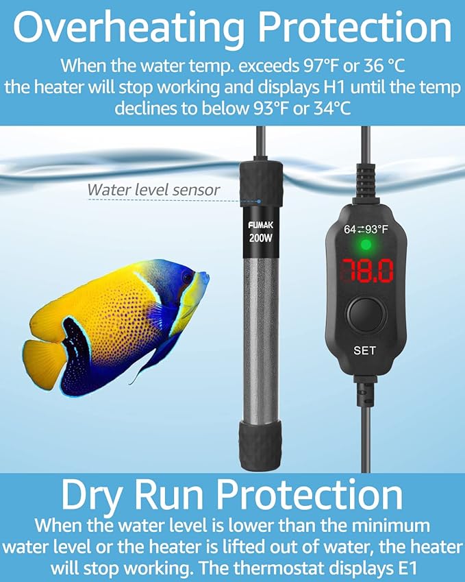 200W Adjustable Aquarium Heater Super Short Submersible Fish Tank Heater Fish Heater with LED Digital Display Thermostat, for Tanks 20-40 Gallons-PawvioPets