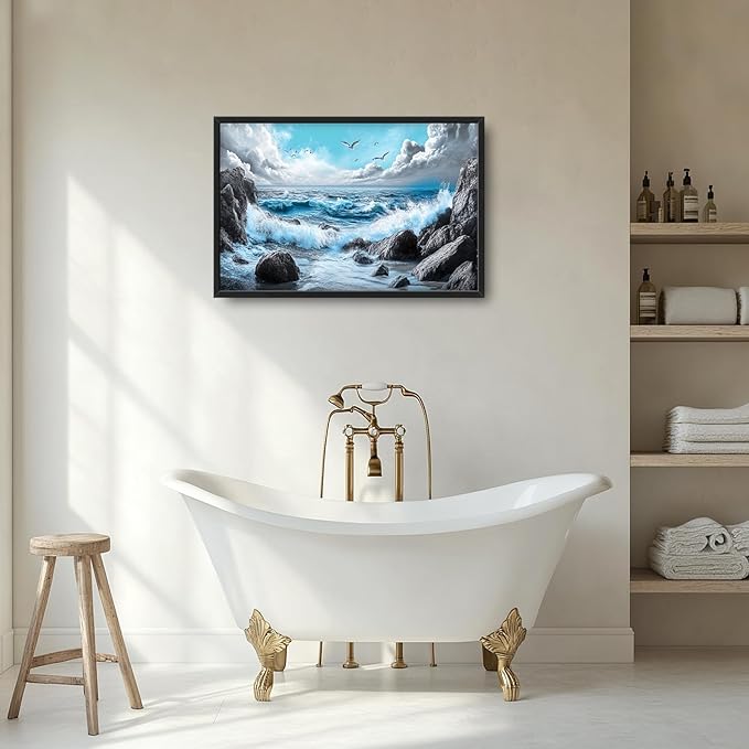 Extra Large Framed Abstract Sea Ocean Wall Art,Black and White Wall Decor, Coastal Seashore Pictures for Living Room,Canvas Print Painting Modern Artwork Bedroom Office Bathroom 36L x 24W-PawvioPets