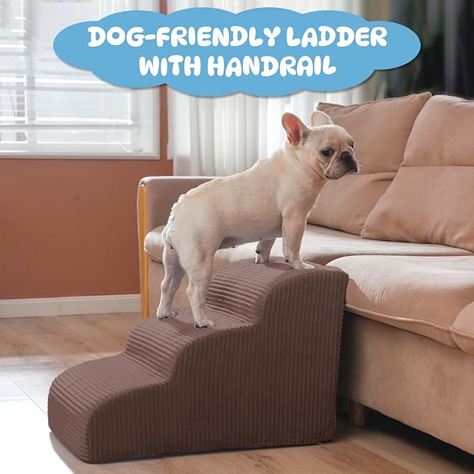 Dog Steps for Small Dogs, 3-Step Pet Ramp Stairs for High Beds and Sofa, Non-Slip Pet Stairs for Small Dogs and Cats, Removable and Easy to Clean Cover, Coffee-PawvioPets