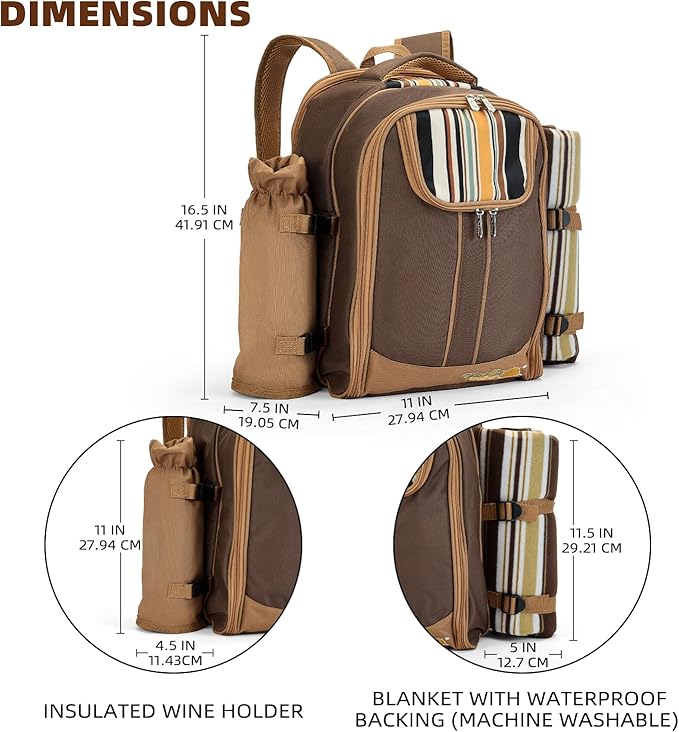 apollo walker Picnic Backpack Bag for 2 Person with Cooler Compartment, Detachable Bottle/Wine Holder, Fleece Blanket, Plates and Cutlery(2 Person, Brown)-PawvioPets