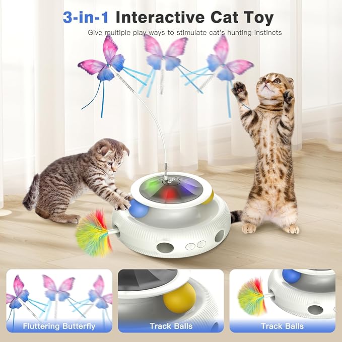 Automatic Interactive Cat Toys for Indoor Cats & Bored Adults - Kitten Toys with Fluttering Butterfly, Ambush Feather & Track Balls - Exercise & Stimulation for Playful Cats (Beige)-PawvioPets