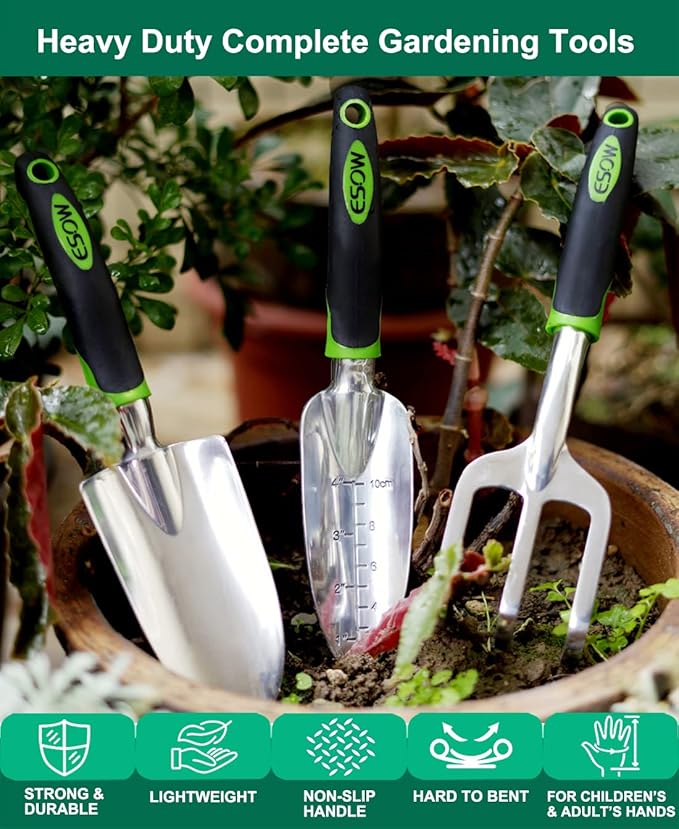 ESOW Garden Tool Set, 3 Piece Cast-Aluminum Heavy Duty Gardening Kit Includes Hand Trowel, Transplant Trowel and Cultivator Hand Rake with Soft Rubberized Non-Slip Ergonomic Handle, Garden Gifts-PawvioPets