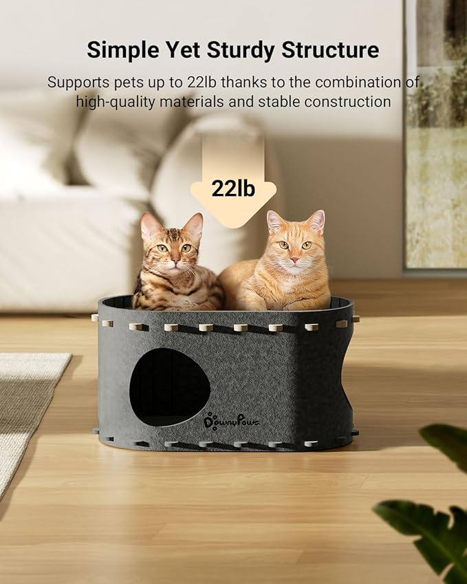 DownyPaws Cat House for Indoor Cats, Cat Bed Cave for Multiple & Large Cats Up to 22 Lbs, Scratch Resistant Peekaboo Cat Caves, Foldable Tunnel Enclosed Bed, PeekaPurr, Sesame Gray-PawvioPets
