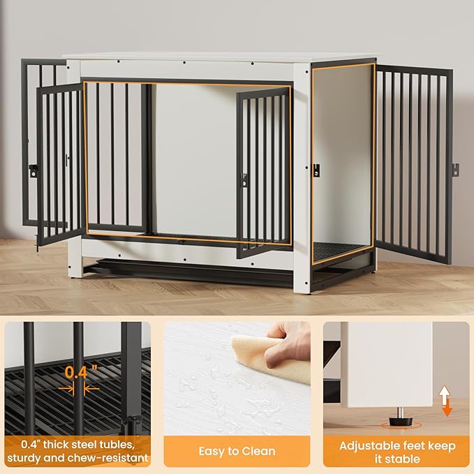 Dog Crate Furniture, Dog Crate End Table for Medium and Large Dogs,Wooden Cage Kennel Furniture Indoor, Modern Dog Crate with Multi-Purpose Removable Tray, Double-Doors Dog Furniture, White-PawvioPets