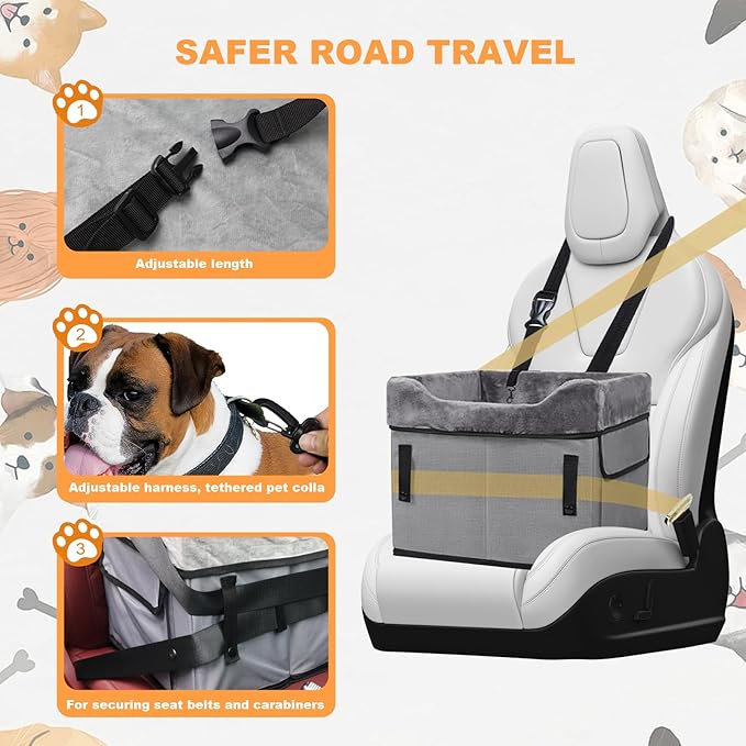 Eunice Small Dog Car Seat, 15.5 in (L) X 14.6 in (W) X 13 in (H) Washable Detachable and Portable Dog Booster Car Seat with Clip-on Safety Leash, Puppy Car Seats Storable Bottom Layer - Up to 25 lbs-PawvioPets