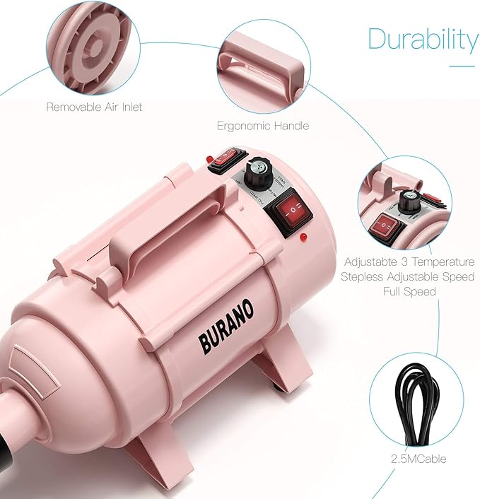 Burano Dog Dryer, High Velocity Pet Hair Dryer, 4.3HP Stepless Adjustable Speed Dog Hair Force Dryer for Dogs, Cats & More, Powerful Pet Blower with Heater-PawvioPets