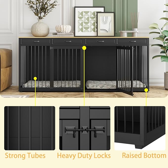 Extra Large Dog Crate with Double Rooms, 93" Heavy Duty Wooden Dog Cage Furniture Dog Crate Kennel w/Drawers & Removable Divider,Indoor Luxury Dog House for Large Dogs,Black-PawvioPets