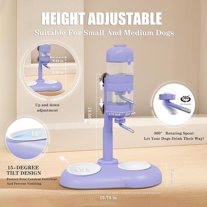 Dog Bowls with Puppy Weaning Bottles,3 in 1 Dog Bowl Set with Water Dispenser and 2 Food Grade Ceramic Bowls for Cats,Bunnies,Ferrets and Small Sized Dogs（Purple）-PawvioPets