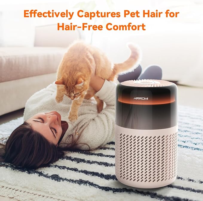 AIRROMI Air Purifier for Bedroom Home,HEPA Filter,Covers Upto 549 Ft²,Quiet 360°intake Air Cleaner with Fragrance ponge for Better Sleep,Night Light,Filters Smoke,Pet Dander,Allergies,Dust,A2005 Beige-PawvioPets