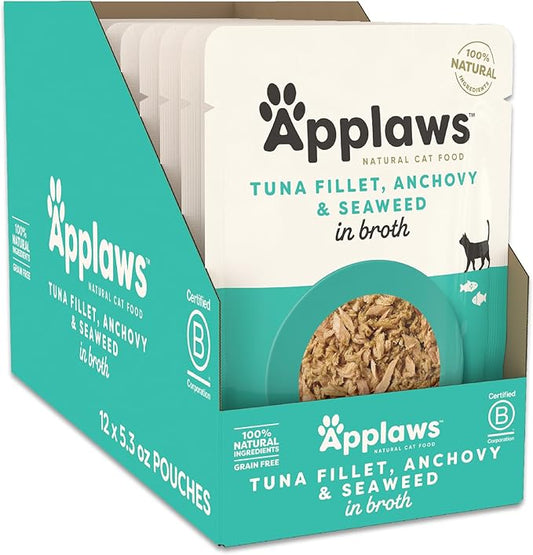Applaws Natural Wet Cat Food in Broth, Limited Ingredient Wet Cat Food Pouches, No Additives, Made with Natural Ingredients, Tuna Fillet with Anchovy & Seaweed in Broth (12 x 5.3oz Pouches)-PawvioPets