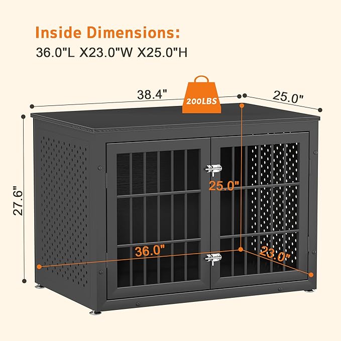 38" Heavy Duty Dog Crate Furniture for Large and Medium Dogs,Wooden Metal Kennel for High Anxiety Dogs, Chew Proof Pet Cage Indoor, Decorative Dog Kennel End Table-PawvioPets