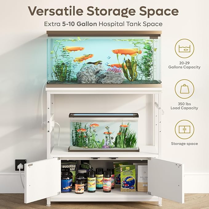 Bestier 20-29 Gallon Fish Tank Stand with Power Outlets, Metal Long Aquarium Stand with Storage Cabinet, 31x15 Reptile Terrarium Stand with Horizontal Gold Line, Stainless Hooks, 350 Lbs(White)-PawvioPets