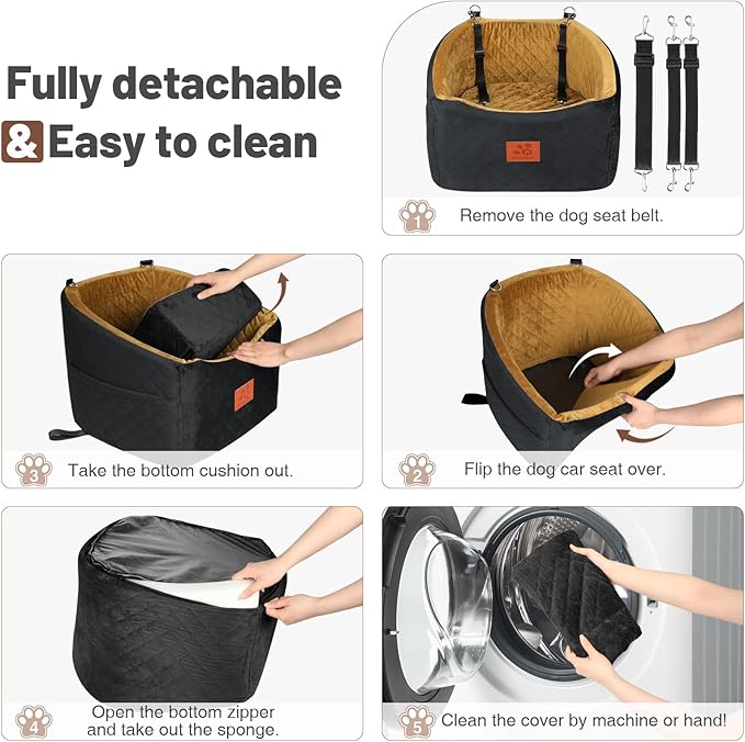 Dog Car Seat for Small Medium Dogs, Memory Foam Booster Car Seat for Dogs up to 35 lbs, Elevated Pet Car Seat, Travel Bed with Washable Removable Cover and Storage Pockets (Black/Coffee)-PawvioPets