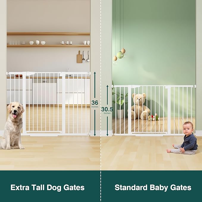 Cumbor 36" Extra Tall Baby Gate for Stairs, 29.7-54.2" Extra Wide Dog Gate for Doorways Hallways, Pressure Mounted Child Gate for Wide Opening, Auto Close Personal Safety for Babies and Pets, White-PawvioPets