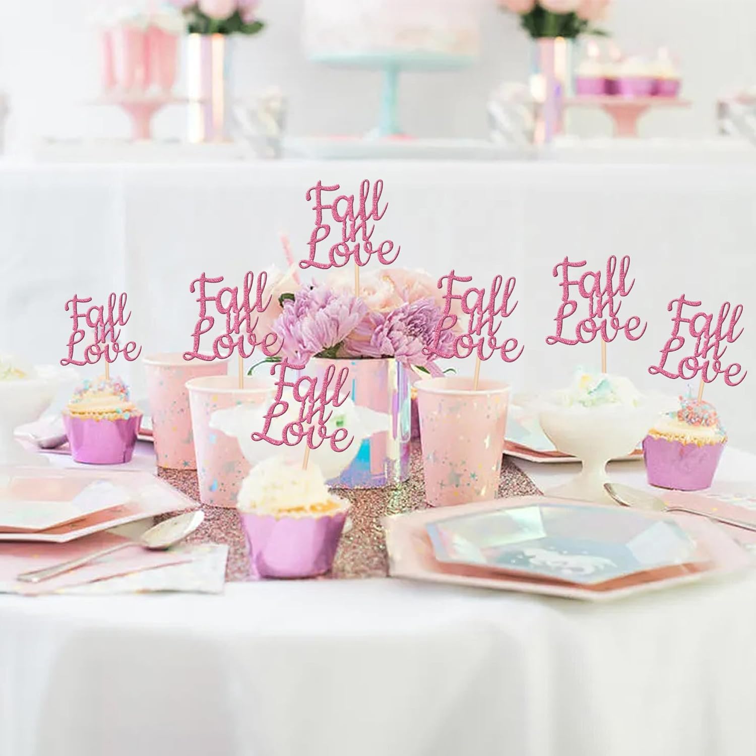 24 PCS Fall in Love Cupcake Toppers Glitter Fall Theme Party Cupcake Picks Bridal Shower Cupcake Decorations for Autumn Wedding Engagement Anniversary Birthday Party Cake Decorations Supplies Pink