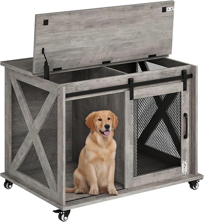 Dog Crate Furniture,37 Inch Indoor Dog Cage with Sliding Barn Door, Flip Top Dog Kennel End Table with Removable Divider, Farmhouse Wooden Pet House for Small to Middle Size Dogs-PawvioPets