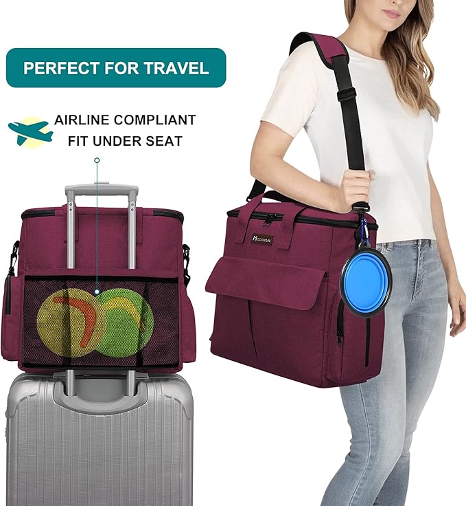 Airline Approved Pet Travel Bag, Weekend Travel Set for Dog and Cat, Airline Approved Tote Organizer with Multi-Function Pockets, 2 Dog Food Storage Containers, 2 Collapsible Bowls (Rose Red)-PawvioPets