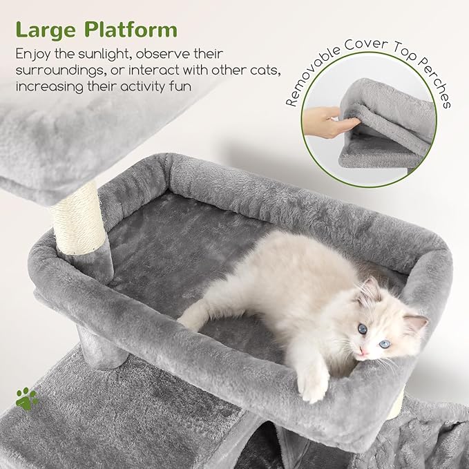 Globlazer Tall Cat Tower, 76 inch Multiple Level Cat Climbers for Indoor Cats, XL Cat Tree with 5 Scratching Posts, 2 Cat Condos, Hammock, 2 Hanging Baskets, F76B, Light Grey-PawvioPets