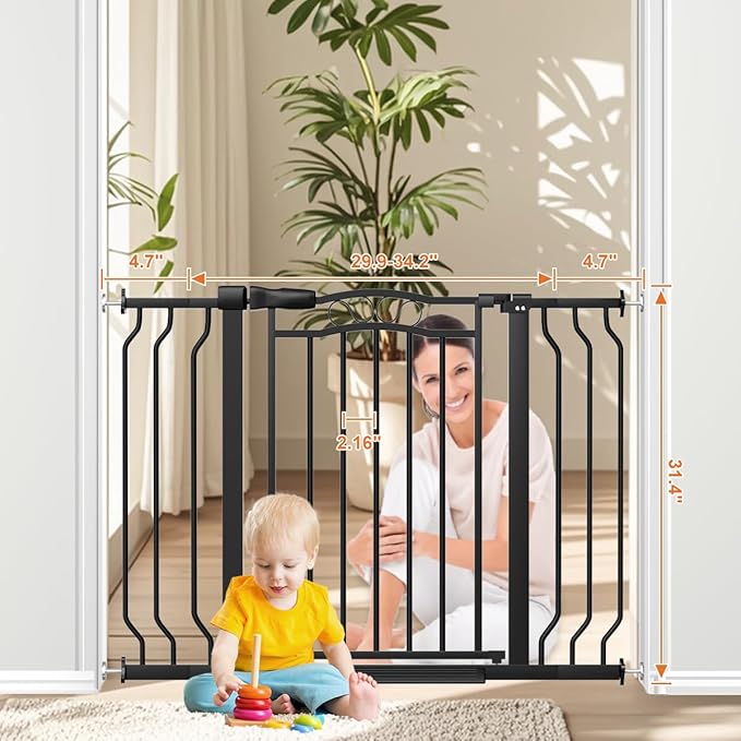 29.5-43.7" Wide Baby Gate for Stairs No Drilling, 30" Tall Metal Pet Baby Safety Gates with Expansion Kit, Press Mounted Pet Gate Indoor for Kids, Walk Through Dog Gates for Doorways, Black-PawvioPets