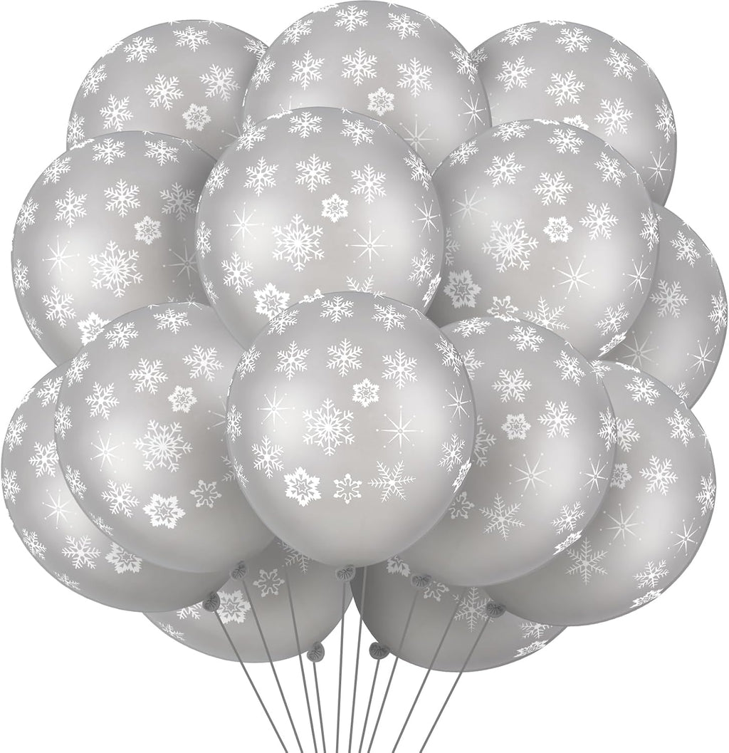 Skylety 40 Pieces Snowflake Balloons Bulk Winter Transparent Snowflake Latex Balloons for Christmas Birthday Wedding Party Decorations (Silver)
