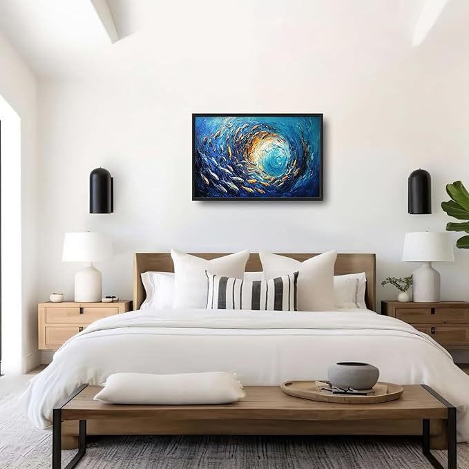Extra Large Framed Abstract Ocean Fish Wall Art,Oversized Blue Sea Nautical Fish Wall Decor Pictures for Living Room,Canvas Print Painting Modern Artwork Bedroom Office Bathroom Home Decor 36L x24W-PawvioPets