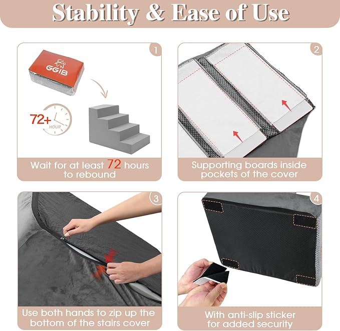 GGIB Dog Stairs for Small Dogs Cats Non-Slip Dog Steps for High Bed Pet Stairs for Sofa Couch Pet Ramp Pet Steps with Removable Washable Cover, Grey, 13" H, 3-Step-PawvioPets