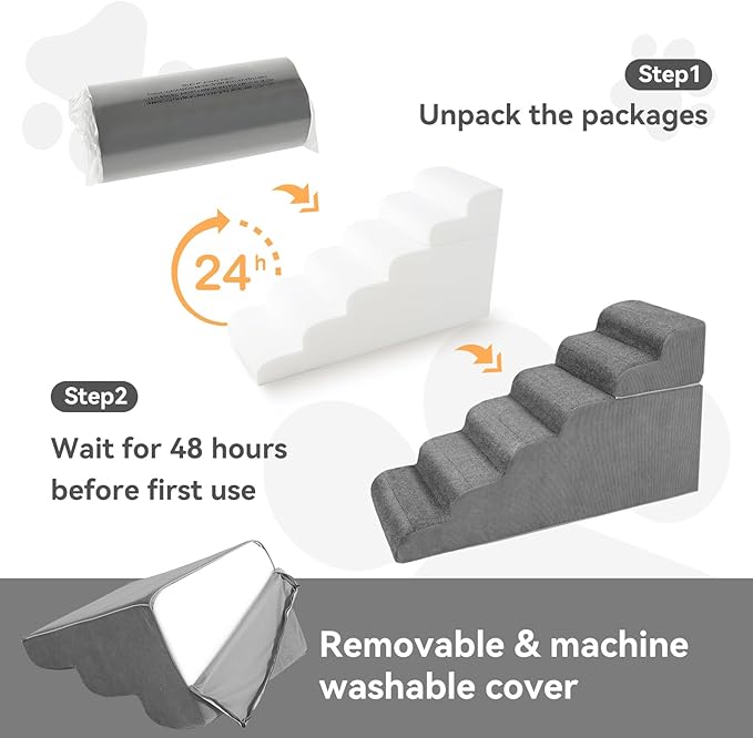 ABORON 𝟲 𝗦𝘁𝗲𝗽𝘀 Dog Steps for High Bed, 26 Inch High Dog Stairs for Small Dogs, Waterproof Pet Stairs for Small Old Large Dogs and Cats with Removable Cover & PE Support Board for Bed/Car/Couch-PawvioPets