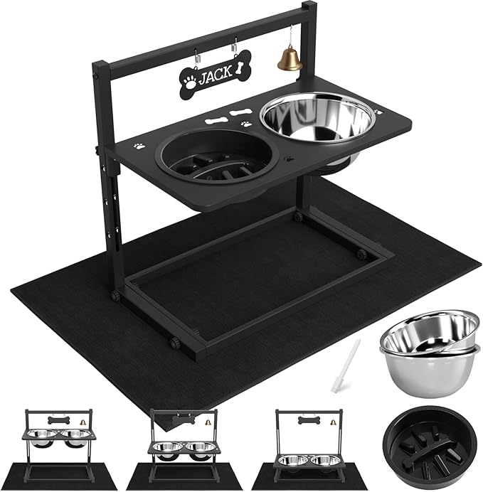 Elevated Dog Bowls with Slow Feeder and Spill Proof Mat, Adjustable Height 4.3-11.8'', Two 1.7L Stainless Steel Food & Water Bowls, Metal Raised Dog Bowl Stand, for Large Medium Breeds-PawvioPets
