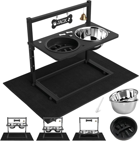 Elevated Dog Bowls with Slow Feeder and Spill Proof Mat, Adjustable Height 4.3-11.8'', Two 1.7L Stainless Steel Food & Water Bowls, Metal Raised Dog Bowl Stand, for Large Medium Breeds-PawvioPets