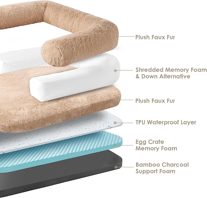 EHEYCIGA Foldable XXL Dog Bed, Faux Fur Fluffy Pet Couch Bed for Extra Large Dogs, Orthopedic Calming Memory Foam Big Pet Bed, Washable Soft Pet Sofa Bed with Non-Slip Bottom, Camel, 54"x38"x7.5"-PawvioPets