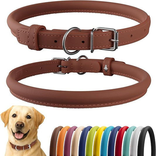 CollarDirect Rolled Leather Dog Collar, Soft Padded Round Puppy Collar, Handmade Genuine Leather Collar Dog Small Large Cat Collars 13 Colors (18-22 Inch, Cinnamon Smooth)-PawvioPets