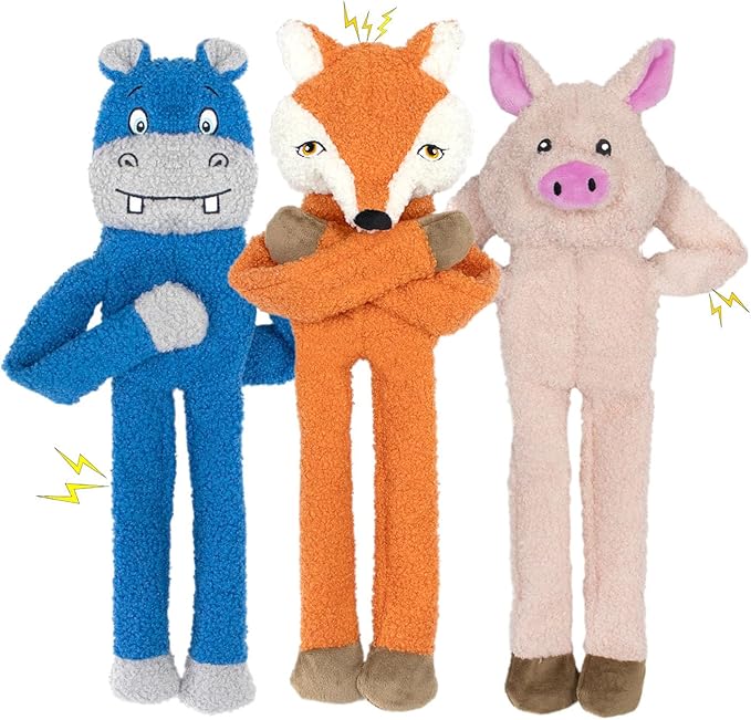 3 Pack No Stuffing Crinkle Squeaky Interactive Plush Dog Toys for Aggressive Chewers to Keep Puppy Busy for Boredom Small & Medium Breeds Furry Friend Teething Orange Fox Pink Pig Blue Hippo-PawvioPets