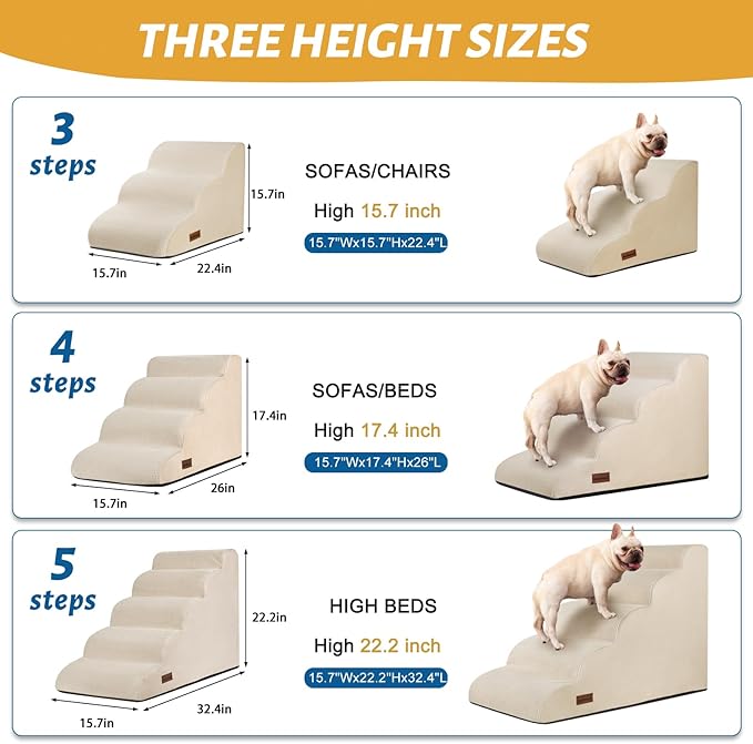5-Step Dog Stairs and Ramp for High Bed,Non-Slip Sturdy Pet Steps for Small Dogs and Cats,22.2" H,Beige-PawvioPets