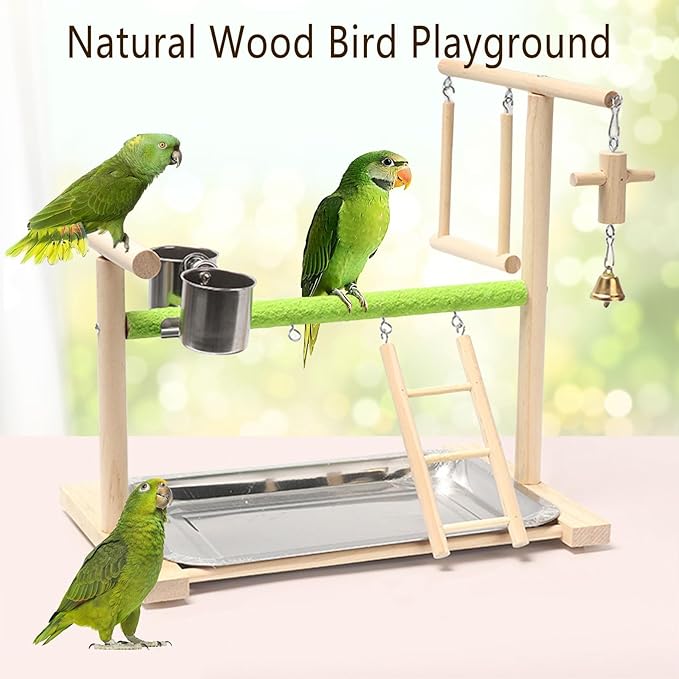Birds Playground Parrot Playstand Birds Perch Stand Gym Natural Wood Play Stand with Ladder Swing Feeder Cups for Parakeets Cockatiels Lovebirds Conures Budgies-PawvioPets