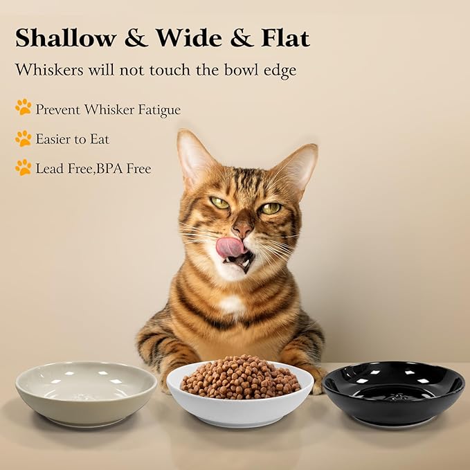 3PCS Cat Food Bowl,Ceramic Cat Dish for Indoor Cats,Wide Shallow Cat Bowls for Dry and Wet Food,Anti Whisker Fatigue Cat Plates for Kitten Cats or Dogs-PawvioPets