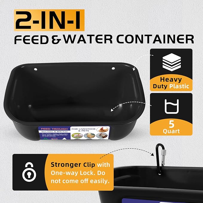 Goovilla Chicken Feeder Waterer, Hanging or Screw-in Fence Feeders with Clips, 2 Pack 5 Quart Goat Feeding Supplies, Duck Piglet Sheeple Coop Dog Livestock Poultry Plastic Feeder Trough Bucket, Black-PawvioPets