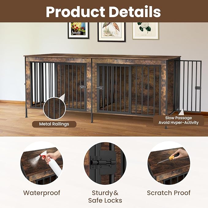 Dog Crate Furniture 78" for 2 Dogs Sturdy Heavy Duty Dog Kennel Solid Metal Tube Thick Wooden with 3 Lockable Doors XXL Double Dog Cage Large Breed as End Table for Large Dogs Rustic Brown-PawvioPets