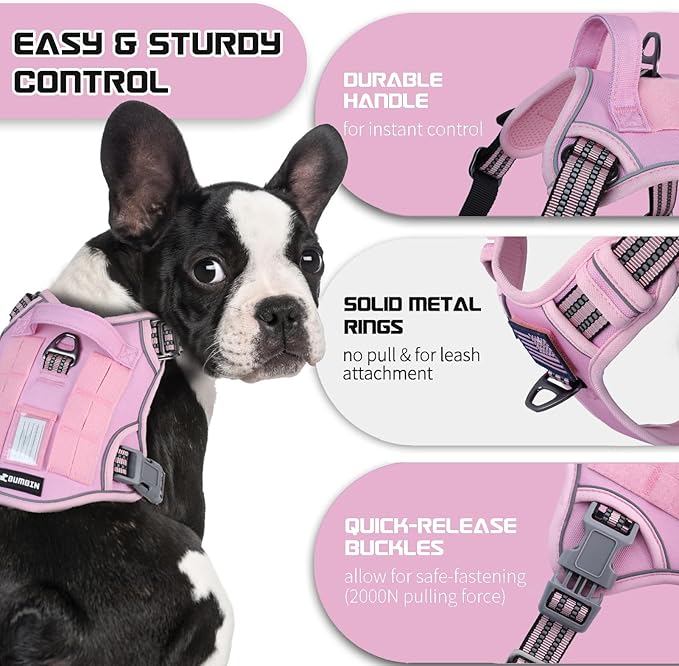 BUMBIN Tactical Dog Harness for Small Dogs No Pull, Famous TIK Tok No Pull Puppy Harness, Fit Smart Reflective Pet Walking Harness for Training, Adjustable Dog Vest Harness with Handle Pink XL-PawvioPets