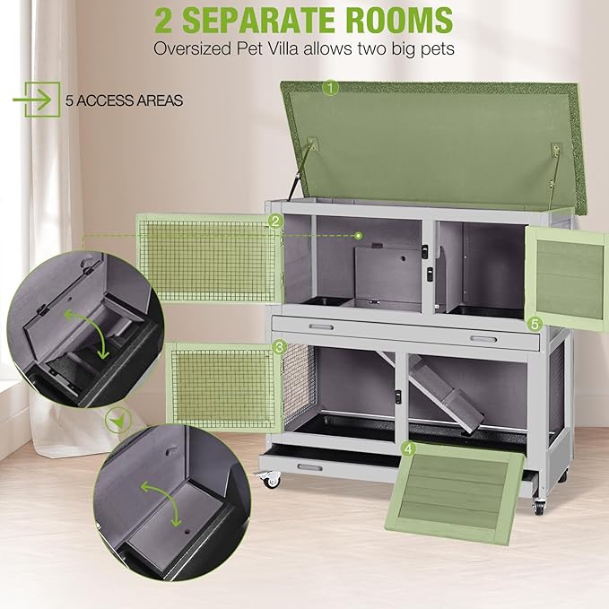 2 Story Rabbit Hutch Indoor Outdoor Rabbit Bunny House Guinea Pig Cage Wooden Pet House for Small Animals with 2 Large Rooms, Chewproof Ramp, Ventilation Door, Removable Trays (Grey)-PawvioPets