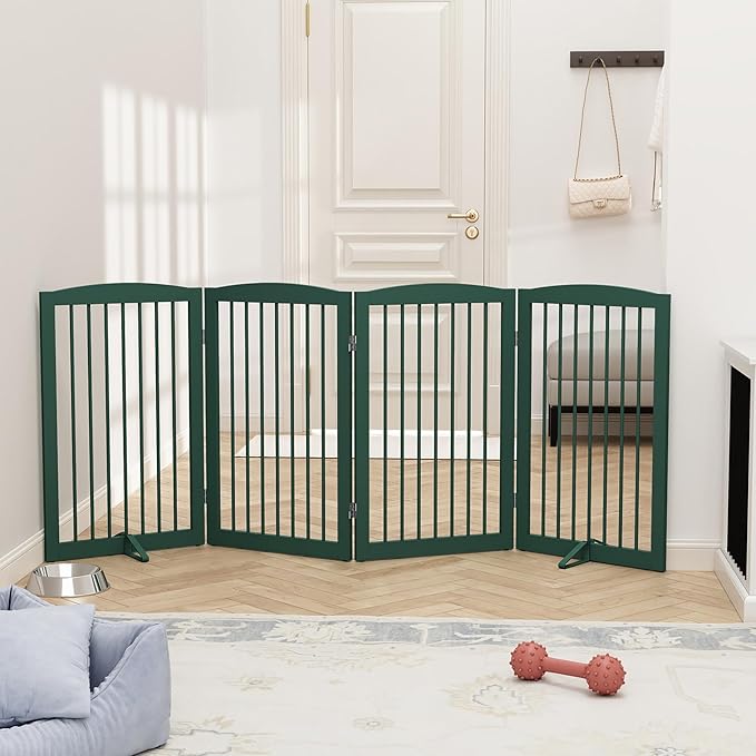 Freestanding Pet Gate for Dogs, Indoor Wooden Dog Gate for House, Foldable Dog Gate for Doorway, Stair, Step Over Pet Puppy Safety Fence Tall, 80 Inch Wide, 4 Panels 32", Green-PawvioPets